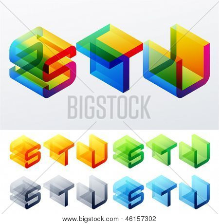Illustrazione vettoriale di testo colorato in vista assonometrica. Caratteri monospazio in stile cubo. lettere S T