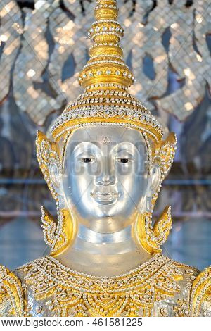Deity Statue Standing Straight Made Of Silver, Wearing Silver Gold Costume With Chada On Top Of His