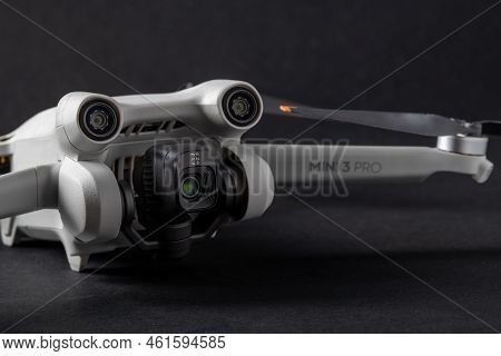 Antalya, Turkey - September 15, 2022: Mini 3 Pro Drone Of Dji Brand With Vertical Camera On Dark Bac