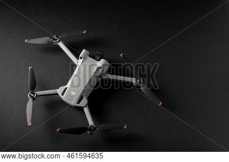Antalya, Turkey - September 15, 2022: Mini 3 Pro Drone Of Dji Brand With Vertical Camera On Dark Bac
