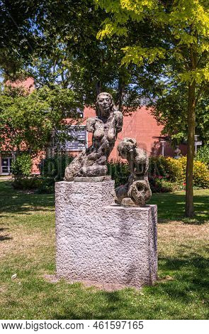 Europe, France, Dunkerque - July 9, 2022: Modern Art Piece Featuring 2 Naked Sitting Women In Parc D
