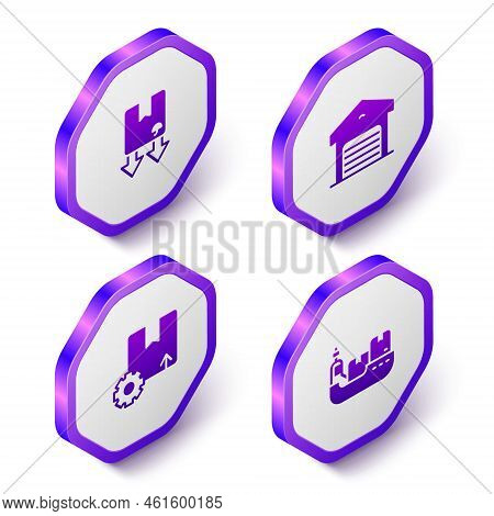 Set Isometric Cardboard Box With Traffic Symbol, Warehouse, Gear Package And Cargo Ship Boxes Delive