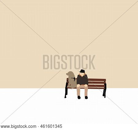 Old Man Sitting With Dog On Bench Outdoors In City Park. Retired Male Character Spends Time With Pup