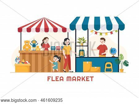 Flea Market Template Hand Drawn Cartoon Flat Illustration Second Hand Shop With Shoppers, Swap Meet,