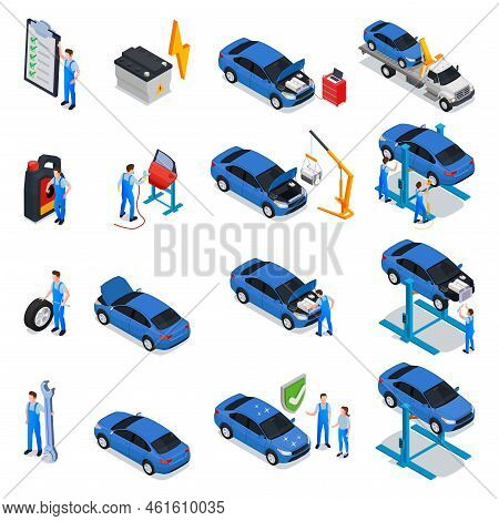 Car Service Isometric Set Of Workers Providing Inspection Maintenance Repair Tire Service In Worksho