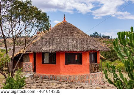 Beautiful Colored Traditional Ethiopian House, Hut Situated In Mountain Landscape Near Debre Libanos