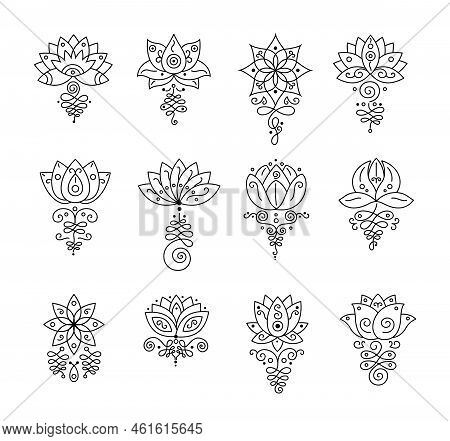 Unalome Lotus. Bohemian Flower Tattoo, Buddhism Life Path Sign And Zen Geometry. Magic Spiral And Yo