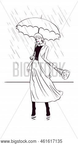 Fashionable Slim Stylish Beautiful Woman With Umbrella Under Rain, Minimalis Liner And Brush Fashion