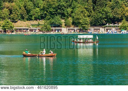 Bled, Slovenia - Aug 9, 2022: Lake Bled (blejsko Jezero) In Julian Alps Near The Small Town Of Bled,