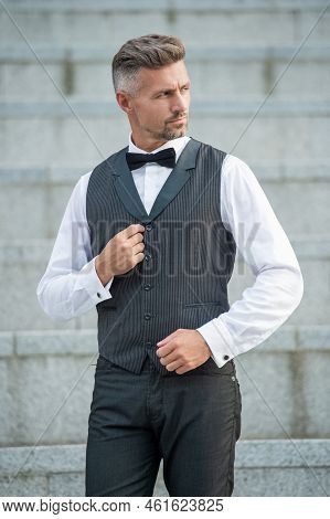 Grizzle Elegant Man In Bowtie. Grizzled Man In Formalwear. Tux Man Bridegroom