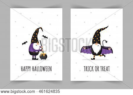 Set Of Halloween Greeting Cards. Cute Scandinavian Gnomes. Spooky Night Party Invitation, Poster Or 