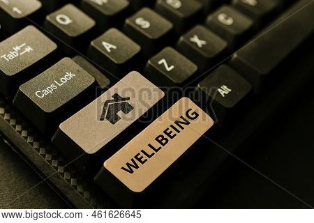 Hand Writing Sign Wellbeing. Conceptual Photo A Good Or Satisfactory Condition Of Existence Includin