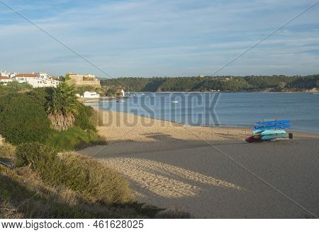 View Of Praia Da Franquia Sand Beach At Vila Nova De Milfontes With Mira River Firth, Forte De Milfo