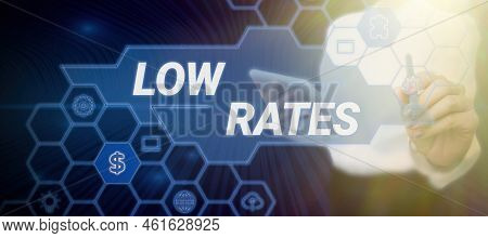 Conceptual Display Low Rates. Business Showcase A Cost Of An Item Or Service Which Is Usualy At Its 