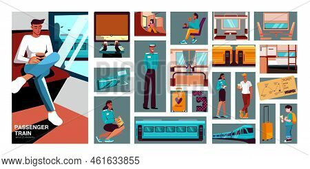 Passenger Train Flat Composition Consisting From Separate Rectangular Illustrations Of Wagons Travel