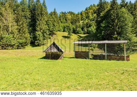 Old Traditional Vertical Hay Rack (kozolec - Hayrack) And Wooden Barn On A Green Meadow With Pine Fo