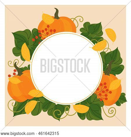 Fall Circle Template Frame With Pumpkins And Autumn Leaves With Balnk Space For Text. Template Banne