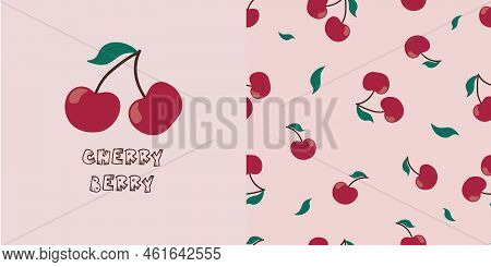 Set Of Simple Seamless Red Cherry Pattern On Light Pink Background And Cute Double Cherry Sisters Ch