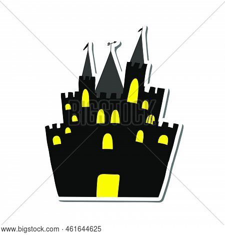 Halloween Black Castle With Yellow Windows Sticker With Shadow. Vector Illustration.