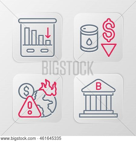 Set Line Bank Building, Global Economic Crisis, Drop Crude Oil Price And Pie Chart Infographic Icon.