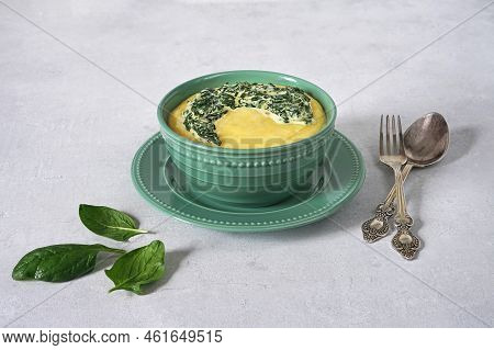 Vegetarian Lunch, Polenta With Cooked Spinach Cream Sauce