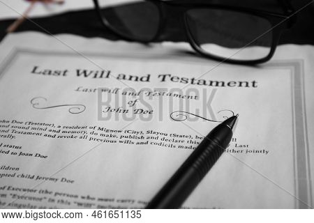 Last Will And Testament Near Pen, Glasses On Table, Closeup