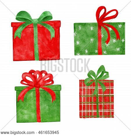 Hand Drawn Watercolor Illustration Of Red Green Christmas Gift Present Boxes With Ribbon Bows. Cute 
