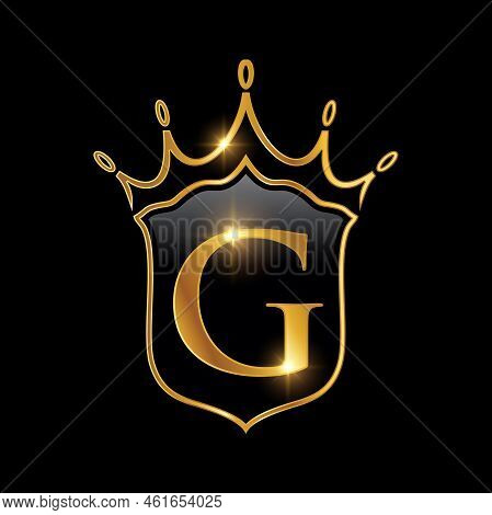 Golden Luxury Heraldic Crown And Shield Vector Icon In Black Background With Gold Shine Effect Monog