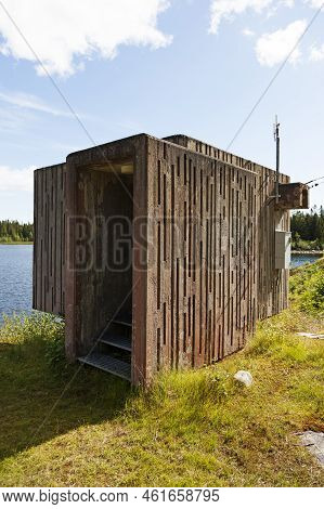 Ratan, Norrland Sweden - July 29, 2022: Concrete Building Where Water Levels Are Measured