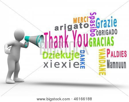 White human figure revealing thank you in different languages with a megaphone