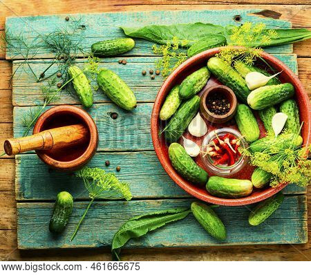 Fresh Cucumbers And Ingredients For Cooking Pickled Cucumbers