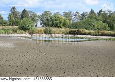 Swamp Lake Of A Nature Reserve During Summer Drought Without Water And Cracked Ground