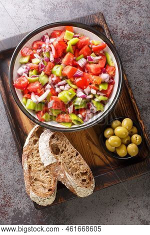 Trampo Salad Is A Traditional Majorcan Dish Made With Tomatoes, Peppers, And Onions Served With Oliv