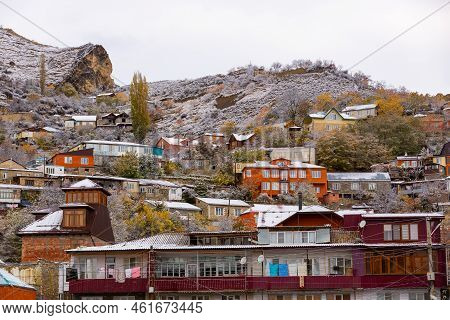 Gunib Village In Dagestan, Russia, 26.10.2021: Panoramic View Of The Town, Private Houses, Daily Lif