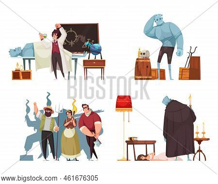 Cartoon Set Of Compositions With Frankenstein In Lab His Monster Angry Villagers And Dead Bride Isol