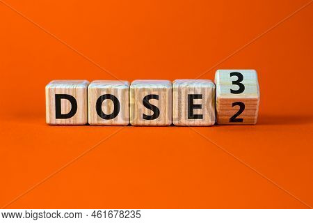 Covid-19 Booster Dose Vaccine Shot Symbol. Turned A Wooden Cube And Changed Words Dose 2 To Dose 3. 