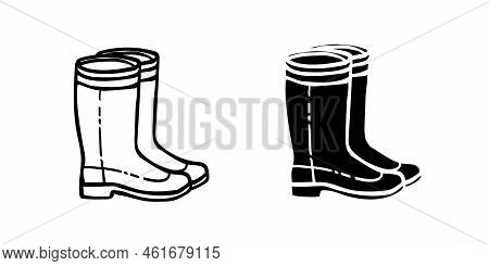 Rubber Boot Line Icon Set. Wellington Rain Boots. Sketch Illustration. Rain Boot Outline And Silhoue