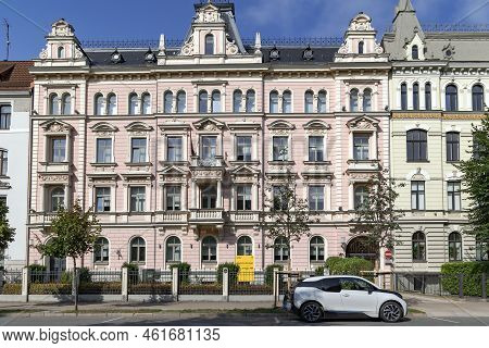 Latvia, Riga, August, 2022: Beautiful Houses Of Riga Art Nouveau Or Jugendstil Stile With Turrets An