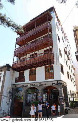 Icod De Los Vinos, Tenerife, Canary Islands, Spain, September 17, 2022: Vertical View. Wooden Balcon