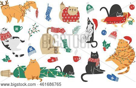 Vector Christmas Collection. Funny Christmas Cats. Cozy Elements For Christmas Design, Christmas Toy