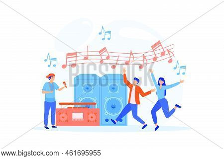 Hip Hop Singer With Microphone At Music Speaker And Tiny People Dancing At Concert. Hip Hop Music, H