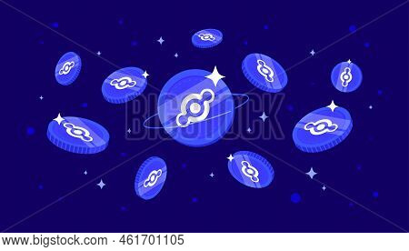 Helium (hnt) Coins Falling From The Sky. Hnt Cryptocurrency Concept Banner Background.