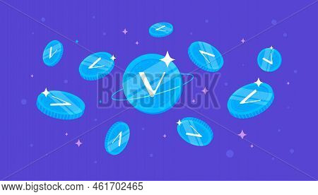 Vechain (vet) Coins Falling From The Sky. Vet Cryptocurrency Concept Banner Background.
