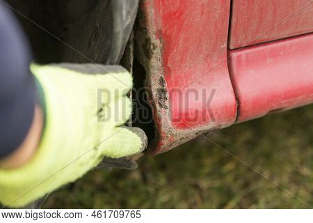 Olomouc, Feb 19th, Czech Repcar Wheel Arches Cleaning From Old Mud And Dirt Accumulated For Years.