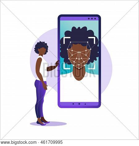 Face Id, Face Recognition System. Facial Biometric Identification System Scanning On Smartphone. Fac