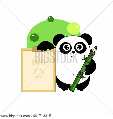Cute Cartoon Panda Eco Banner And Recykling Sign. Funny Character For Your Design. Green Energy Conc