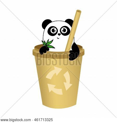 Cute Cartoon Panda In Paper Cup  And Recykling Sign. Funny Character For Your Design. Green Energy C