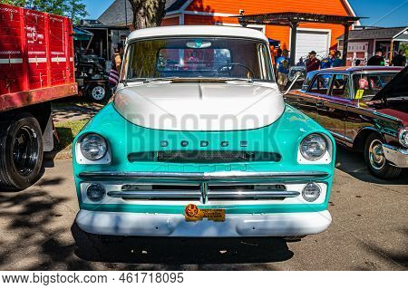 Falcon Heights, Mn - June 18, 2022: High Perspective Front View Of A 1957 Dodge D100 Pickup Truck At