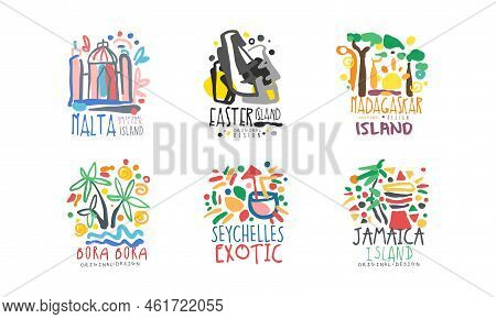 Tropical Islands Labels Set. Malta, Easter, Madagascar, Bora Bora, Seychelles, Jamaica Badges For To