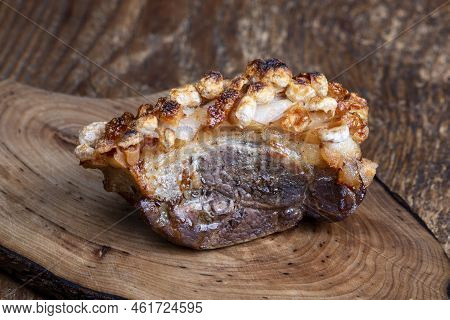 Closeup Of Bavarian Roasted Pork On Wood
